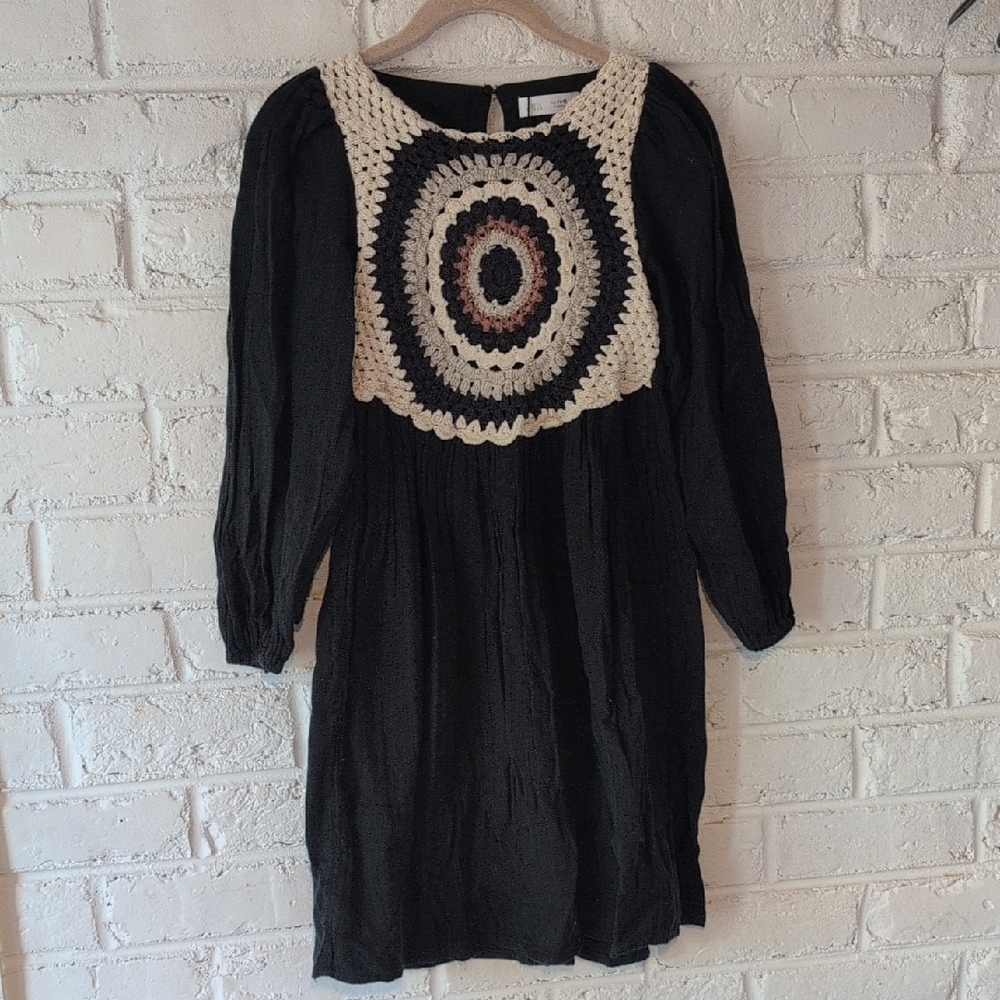 Zara Navy and Cream Dress with Crochet Detail